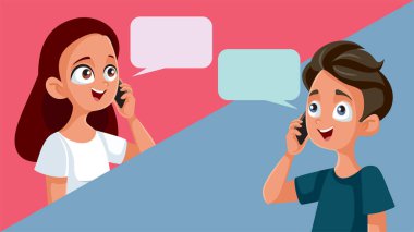 Telefon Vektörü Çizgi Film İllüstrasyonunda Konuşan Genç Çift