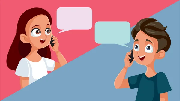 Teenage Couple Talking Phone Vector Cartoon Illustration - Stok Vektor