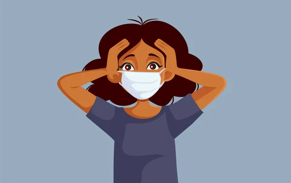 Mujer Asustada Usando Máscara Facial Preocupándose Por Ilustración Vectorial Pandémica — Vector de stock