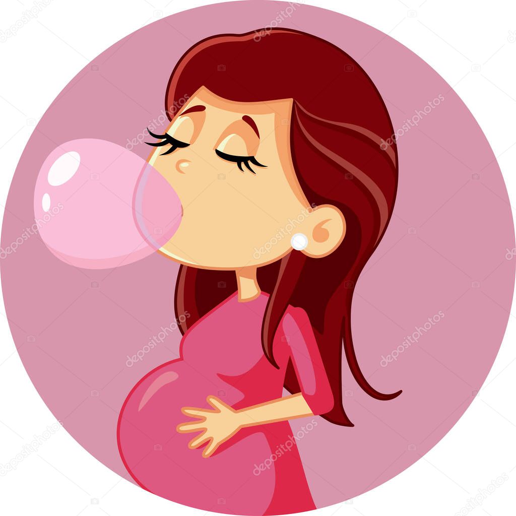 Pregnant Woman Chewing Bubble Gum Vector Cartoon