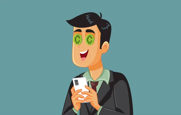 Businessman Excited Cryptocurrency Online Vector Cartoon - Stok Vektor