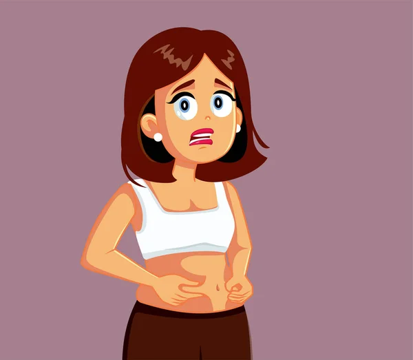 Mujer Infeliz Sintiendo Cuerpo Consciente Vector Dibujos Animados — Vector de stock
