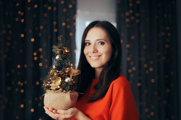 Žena Úsměvem Drží Malý Vánoční Stromeček Dekorace — Stock fotografie