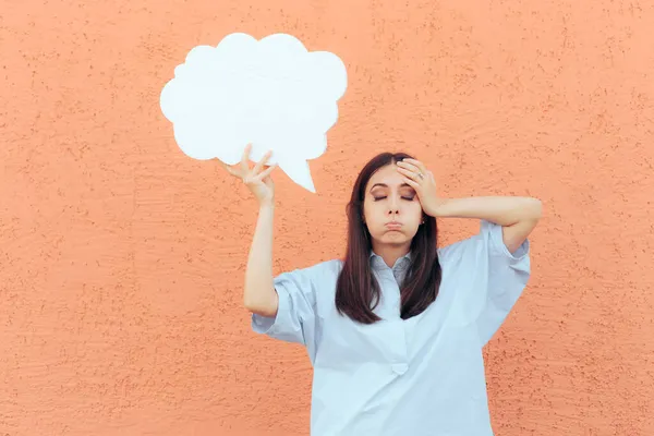 Stressed Pensive Woman Holding Speech Bubble — Stock fotografie