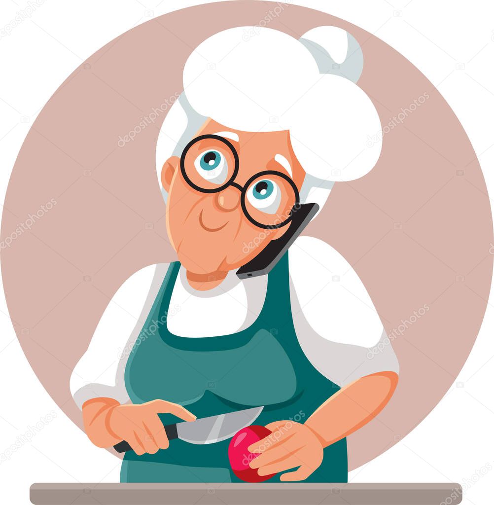 Granny Talking on the Phone While Cooking Vector Cartoon