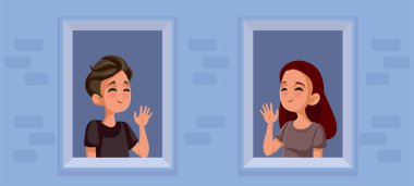 Pencere Vektörü İllüstrasyonunda Genç Komşular Birbirlerini Selamlıyor