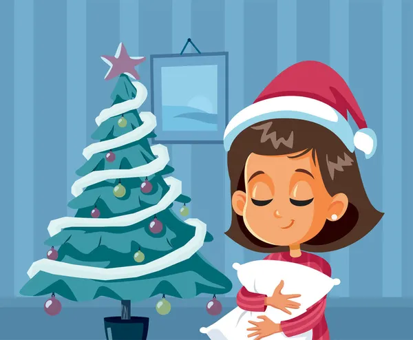 Pequena Menina Sonolenta Esperando Papai Noel Vector Cartoon —  Vetores de Stock