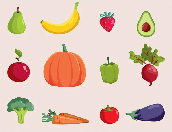 Set Vectores Frutas Verduras Vector Dibujos Animados — Archivo Imágenes Vectoriales