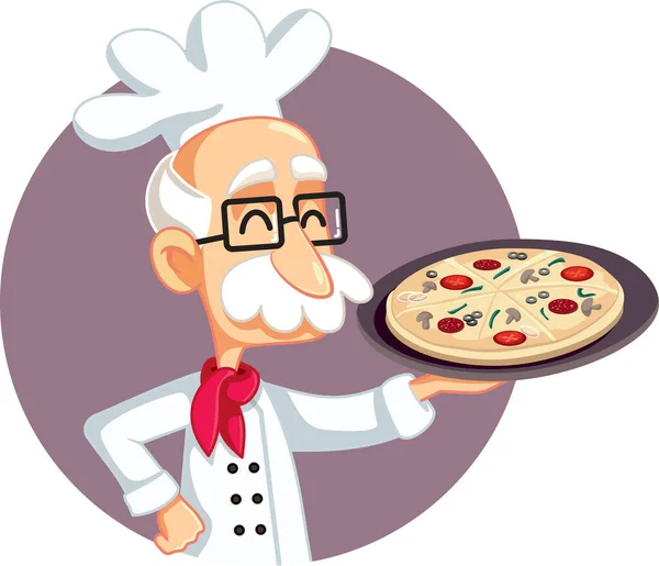 Üst Düzey Talyan Şef Pizza Vektörü Çizgi Filmi Llüstrasyonu Tutuyor — Stok Vektör