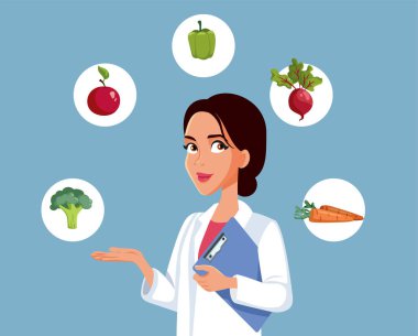 Meyve ve Sebze İllüstrasyonuyla çevrelenmiş Beslenme Doktoru