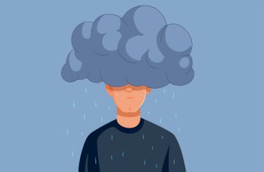 Depresyondaki Mutsuz Adam Hava Durumu Vektörü İllüstrasyonunda Hissediyor