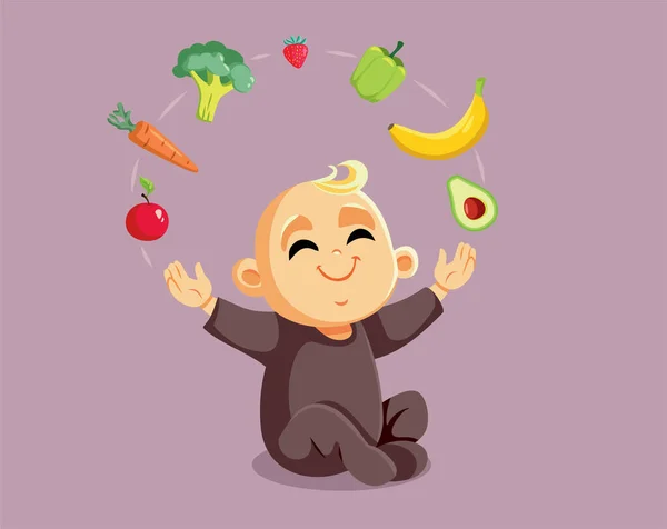 Симпатичный Малыш Жонглирует Фруктами Овощами — стоковый вектор