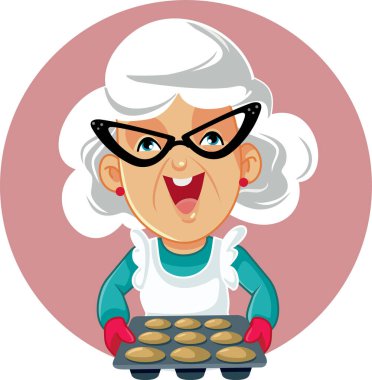 Happy Senior Woman Holding a Tray of Muffins Vector Cartoon clipart