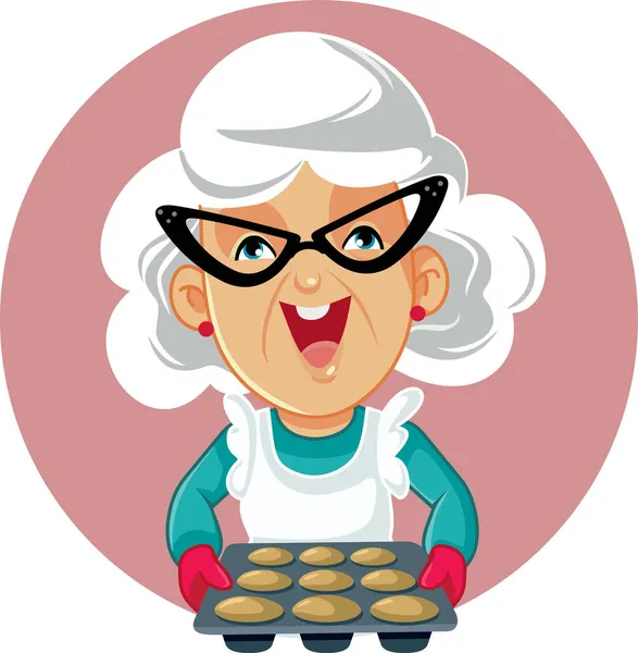 Felice Donna Anziana Possesso Vassoio Muffin Vector Cartoon — Vettoriale Stock