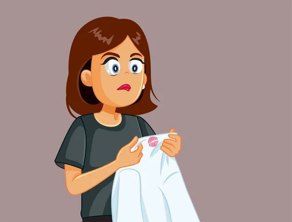 Celosa Mujer Sosteniendo Lápiz Labial Manchado Camisa Vectorial Dibujos Animados — Vector de stock