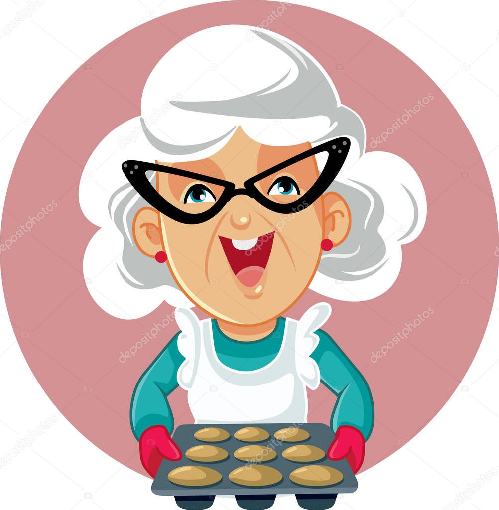 Happy Senior Woman Holding a Tray of Muffins Vector Cartoon