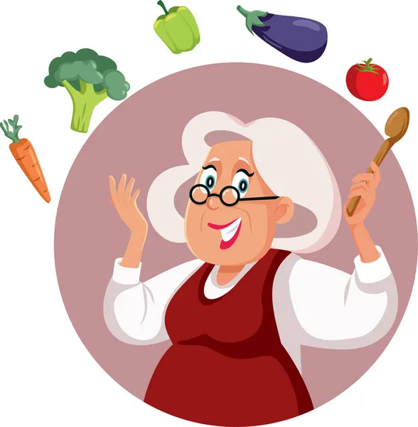 Glückliche Oma Kochen Mit Frischen Zutaten Vector Cartoon — Stockvektor