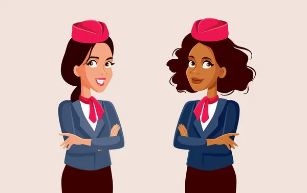Air Hostesses Berdiri Bersama Penyambutan Penumpang Vector Cartoon Illustration - Stok Vektor