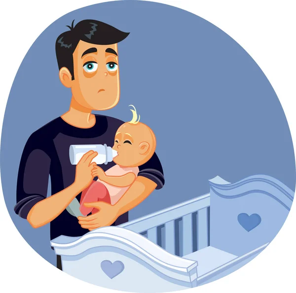 Cansado Pai Exausto Alimentando Pequeno Bebê Recém Nascido Vector Cartoon — Vetor de Stock