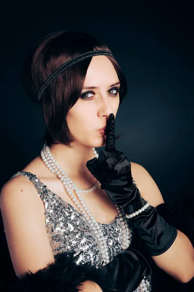 Flapper Party Girl Fingers Lips Keep Secret — Stock fotografie