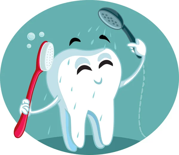 Tooth Character Showering Brushing Vector Cartoon Illustration — Stock Vector
