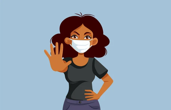 Vrouw Draagt Een Masker Making Stop Hand Gesture Vector Illustratie — Stockvector