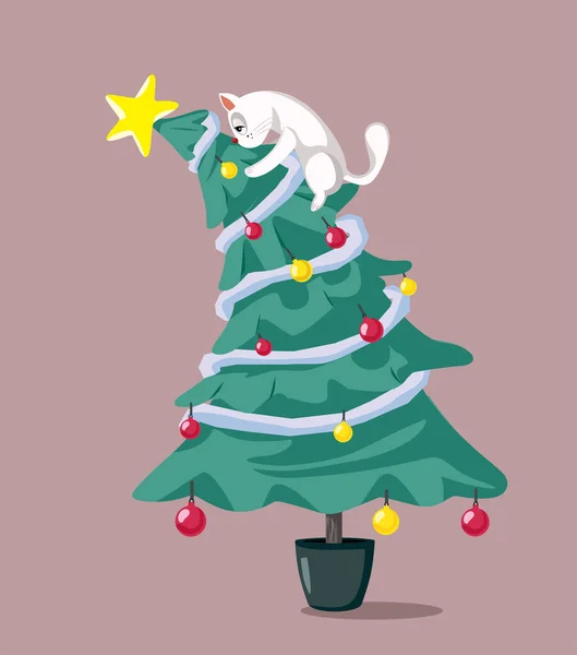 Illustration Dessin Animé Vectoriel Arbre Noël Grimpant Chat — Image vectorielle