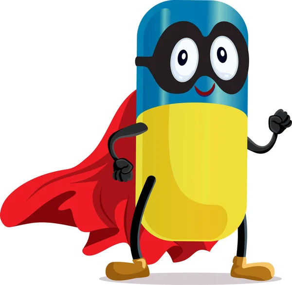 Superhjälte Vitamin Piller Bär Röd Cape Vector Tecknad Karaktär — Stock vektor