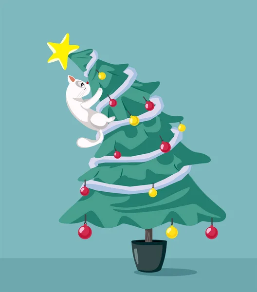 Gato Tirando Hacia Abajo Árbol Navidad Vector Ilustración Dibujos Animados — Vector de stock