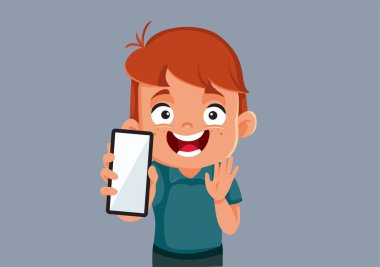 Boş Akıllı Telefon Ekran Vektörü Çizgi Filmi Gösteren Sevimli Çocuk