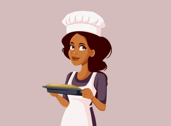 Sonriente Cocinero Alegre Sosteniendo Una Bandeja Pastel Vector Ilustración — Vector de stock