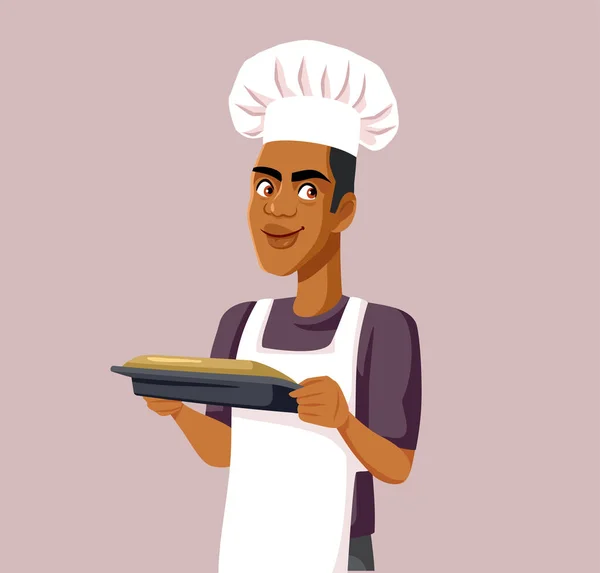 Ευτυχισμένος Μάγειρας Κρατώντας Ένα Pie Tray Διανυσματική Εικονογράφηση — Διανυσματικό Αρχείο