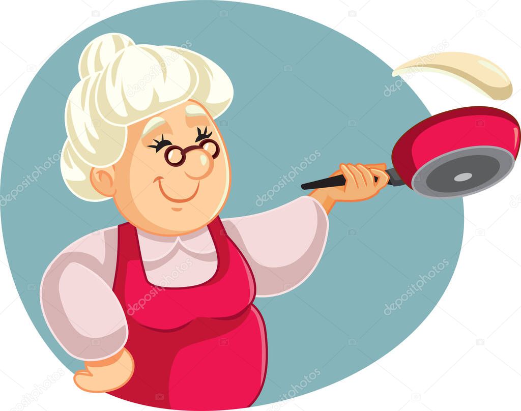 Smiling Granny Making Pancakes Vector Cartoon Illustration