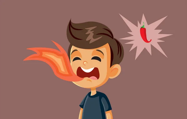 唐辛子を食べた後の炎の中で口の中で小さな男の子スパイシーなフードベクター漫画 — ストックベクタ