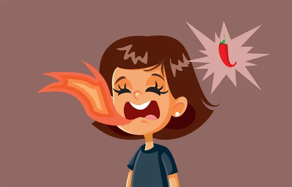 唐辛子を食べた後の炎の中で口の中の小さな女の子スパイシーなフードベクトル漫画 — ストックベクタ