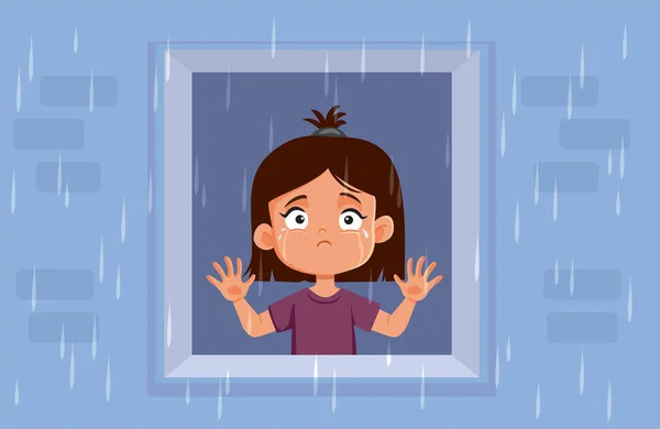 Ragazza Triste Guardando Pioggia Dalla Sua Finestra Vettoriale Cartone Animato — Vettoriale Stock