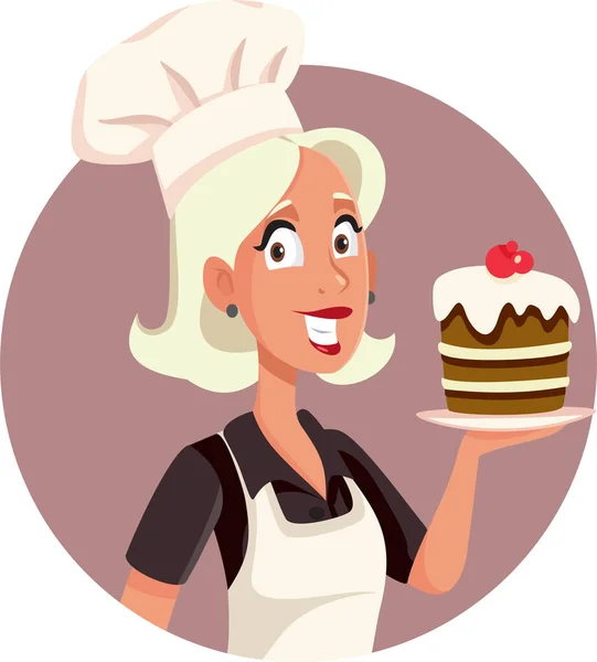 Baker Sosteniendo Delicioso Pastel Vector Ilustración Dibujos Animados — Vector de stock