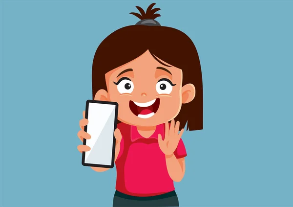 Glückliches Mädchen Zeigt Leere Smartphone Bildschirm Vektor Karikatur — Stockvektor