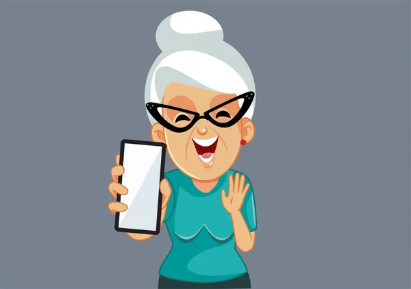 ハッピーおばあちゃんは空白のスマートフォンの画面ベクトル漫画を表示 — ストックベクタ