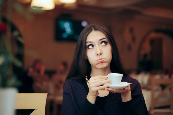 Funny Girlfriend Holding Cup Coffee Waiting Restaurant — Stock Photo, Image