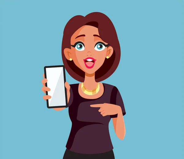 Szczęśliwa Kobieta Wskazując Puste Smartphone Wyświetlanie Wektor Ilustracja — Wektor stockowy