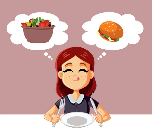 Menina Com Fome Pensando Que Pedir Restaurante Vector Cartoon —  Vetores de Stock