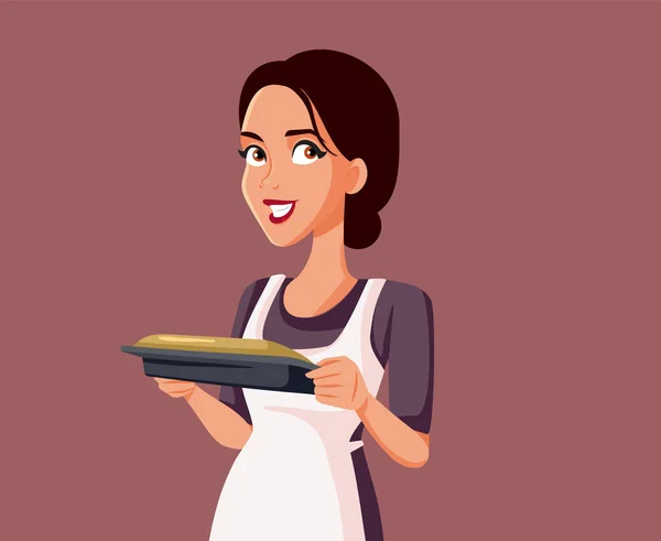 Woman Holding Savory Pie Vector Cartoon Illustration - Stok Vektor