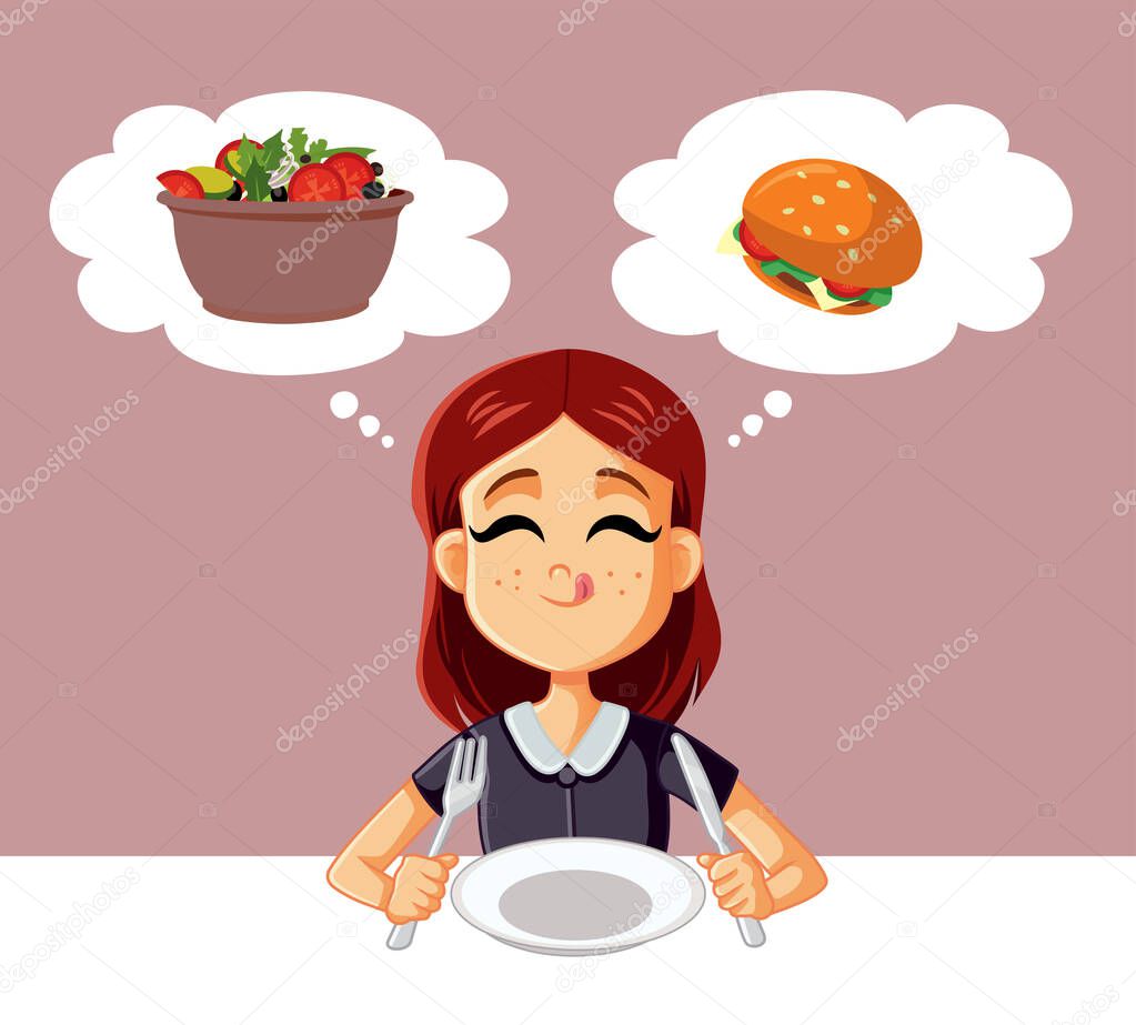 Hungry Girl Thinking What to Order in a Restaurant Vector Cartoon