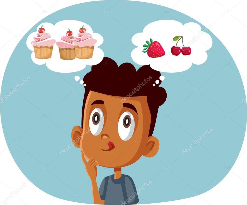 Little Boy Choosing Between Fruits and Sweets Vector Cartoon