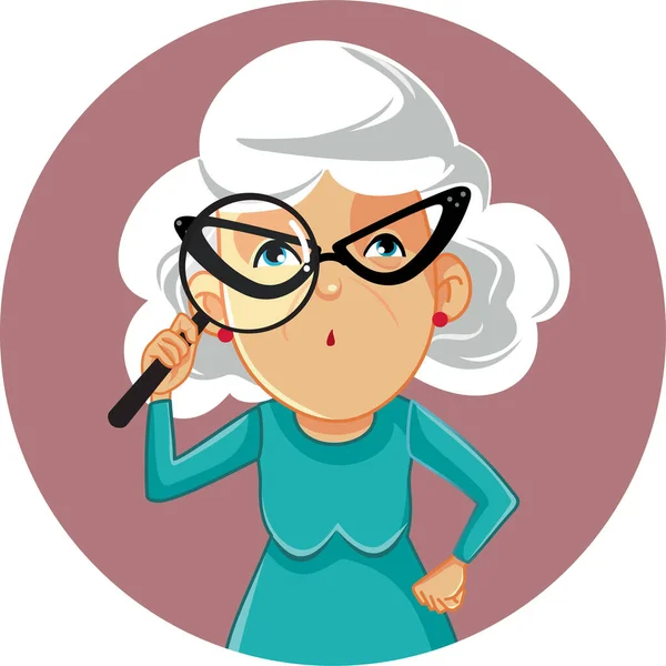 Divertente Nonnina Guardando Attraverso Lente Ingrandimento Vettoriale Illustrazione — Vettoriale Stock