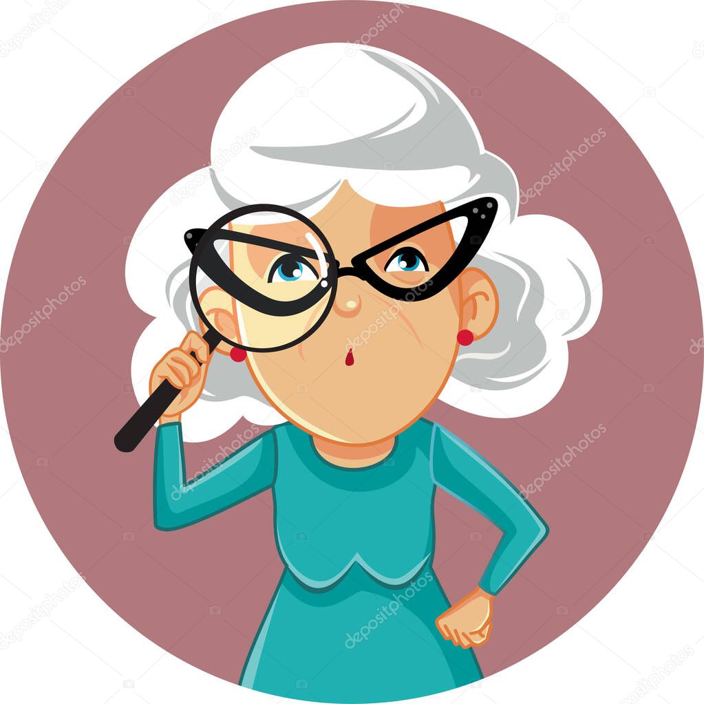 Funny Granny Looking Through a Magnifying Glass Vector Illustration