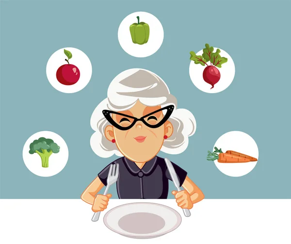健康的なベクトル漫画のイラストを食べるシニア女性 — ストックベクタ