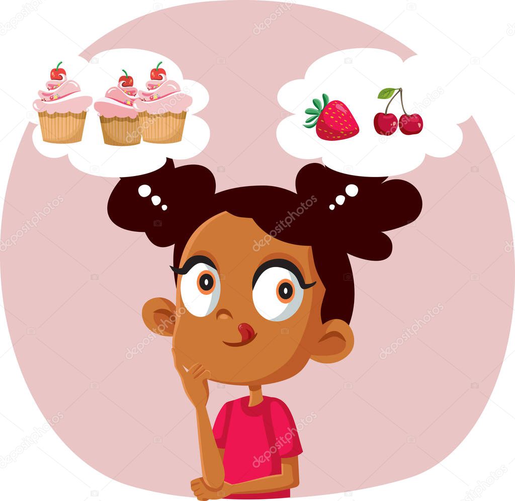 Little Girl Choosing Between Fruits and Sweets Vector Cartoon