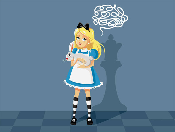 Fairytale Smart Imaginative Girl Playing Chess Vector Cartoon Illustration